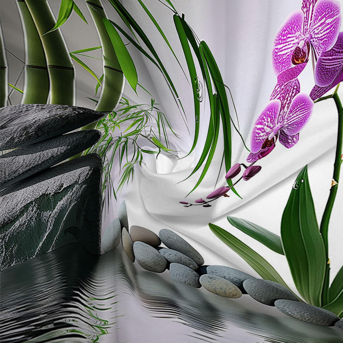 Zen Shower Curtain Green Bamboo Purple Orchid Flower Stone Asian Garden Relax Spring Nature Theme Bath Curtain Fabric Bathroom Accessories Decor with Hooks 80W x70L (Green / 70.00"LX80.00"W)