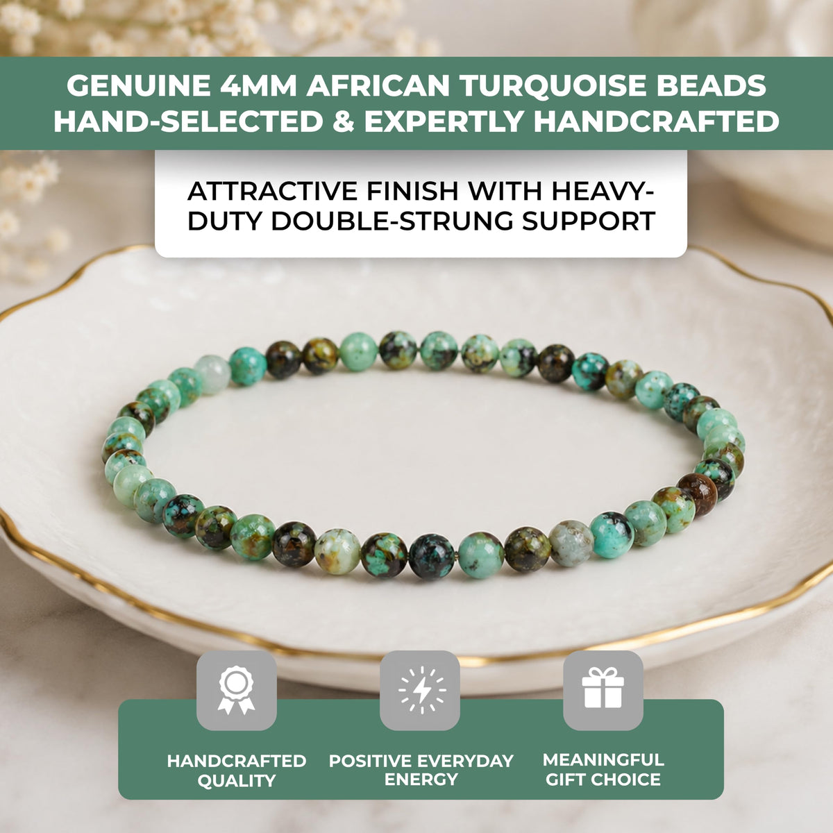 African Turquoise Bracelet 4mm Beaded Bracelet (African Turquoise / Small)
