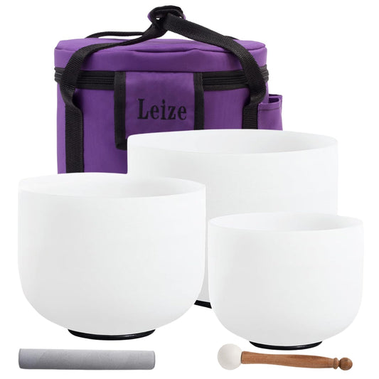 Crystal Singing Bowl Tuned Quartz with Suede Striker Carry Case Bag (Set of 3,6"A 8"F 10"C / White Set)