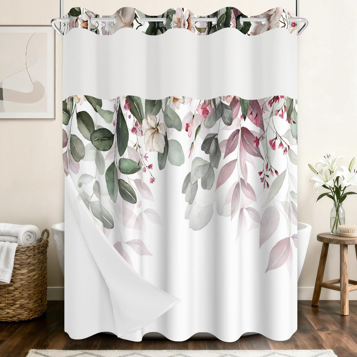 No Hook Shower Curtain and Snap in Liner Set (Hanging Floral)