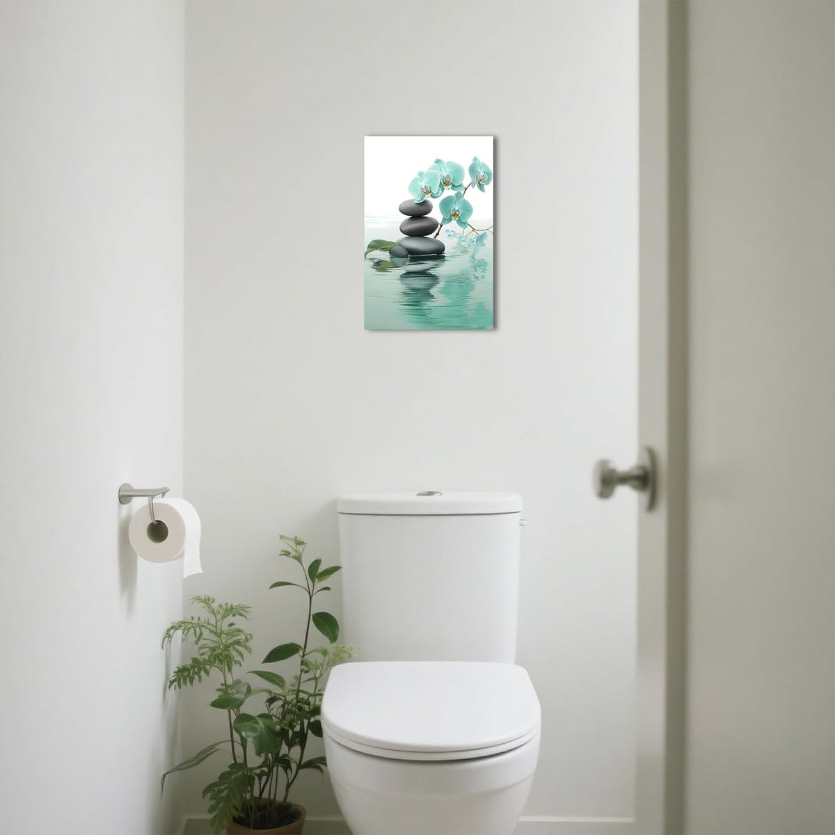 Zen Bathroom Wall Art Orchid Flower with Zen Stones Pictures Spa Painting Still Life Canvas Prints for Meditation Spiritual Room Decor Framed (Teal / 18"L x 12"W)