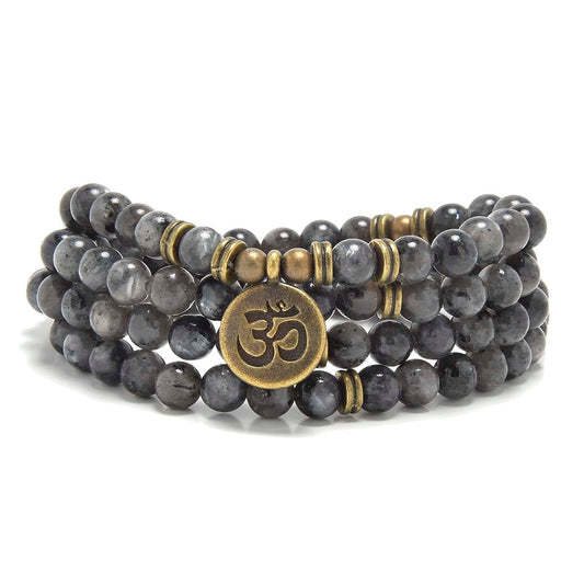 108 Mala Beads Bracelet with om Charm (Labradorite)