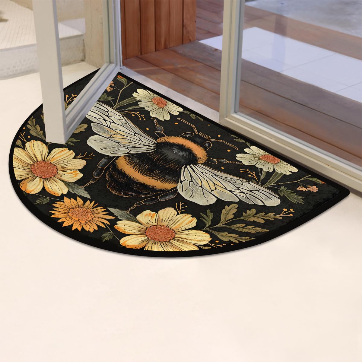 Half Round Door Mat Bee Flower Animal Non Slip Washable Semi Circle Area Rug Absorbent Soft Half Moon Rug Floor Mat for Indoor Outdoor Kitchen Bathroom Patio Front Door Mat Decor (A4)
