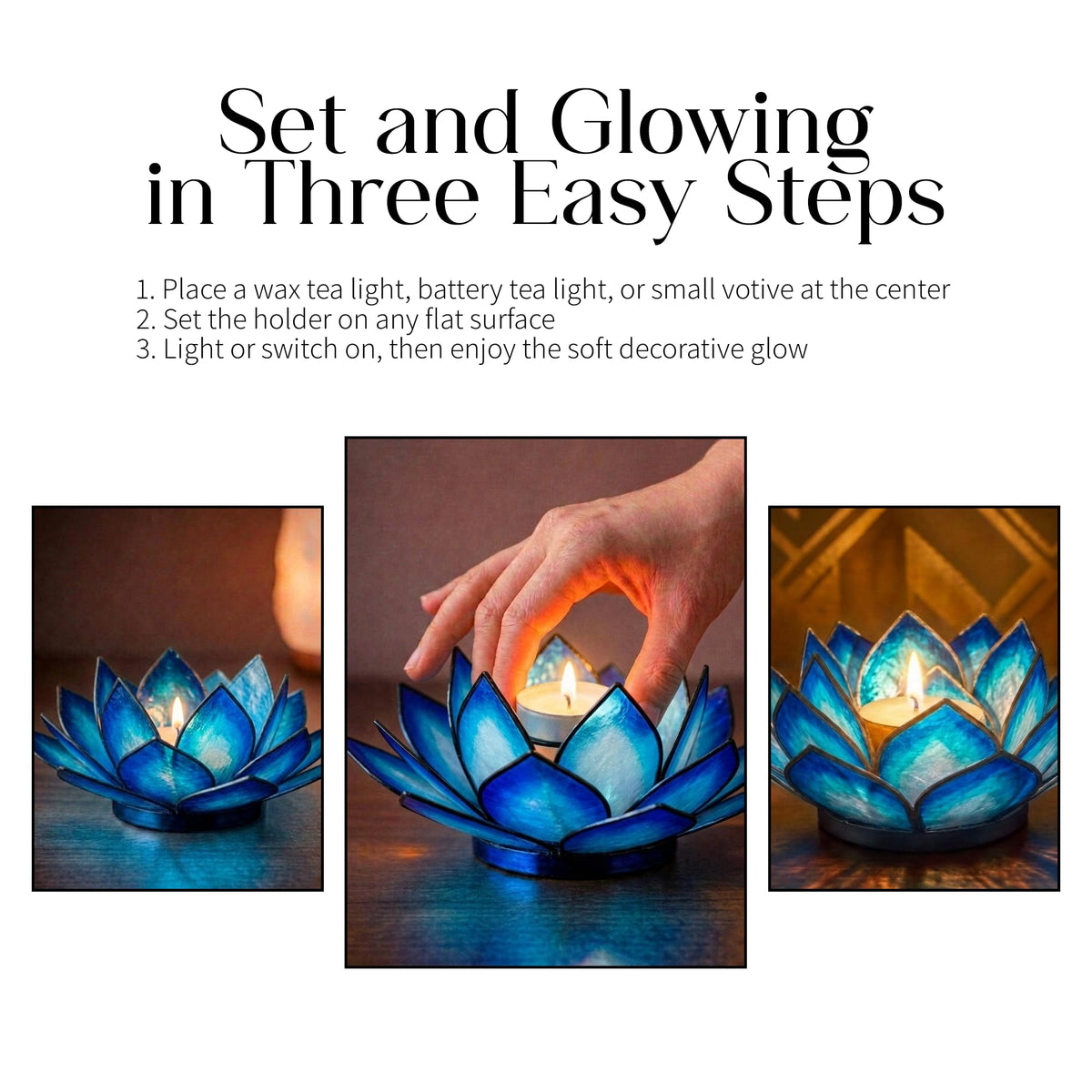 Capiz Shell Lotus Flower Decor Tealight Candle Holder for Serene Ambiance (Blue Lagoon / Regular)