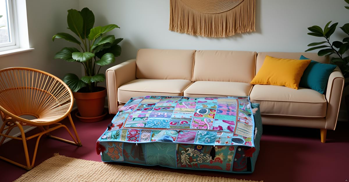 Indian Square Patchwork Traditional Pouf Cover Indian Living Room Poufs Decorative Embroidered Designer Ottoman Home Living Footstool Chair Cover Decor Pillow Cover 35 inches (35"D x 35"W x 5"H / Sky Blue)