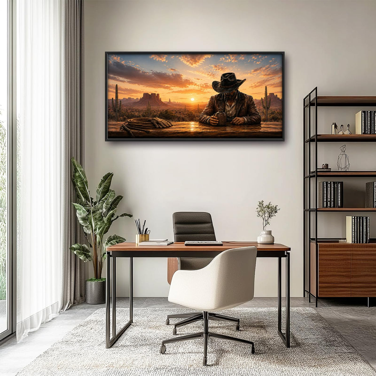 Large Framed Western Cowboy Wall Art Coffee Sunset Decor 60"x30" (Western Cowboy / 60"L x 30"W)