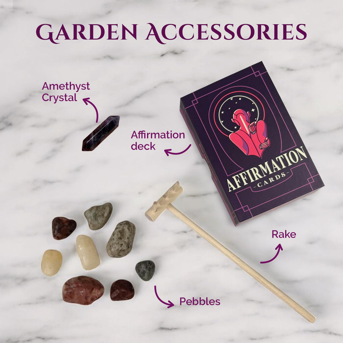 Wooden Zen Garden with Daily Affirmation Cards for Women and Men (Evening Azalea / Affirmation Cards)