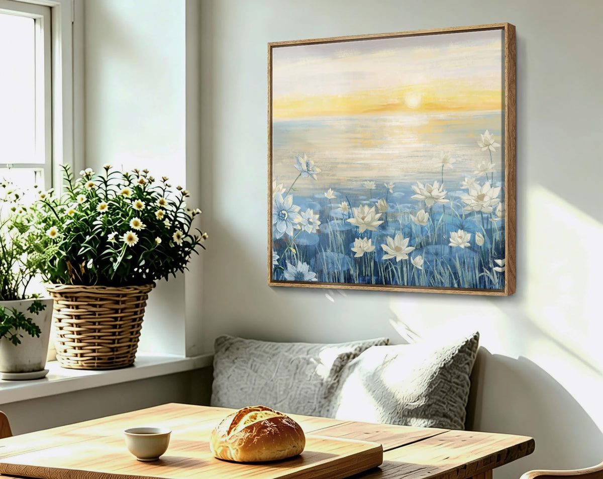 Bathroom Decor Wall Art Framed Canvas Wall Art Modern Beach Coastal Floral Sunset Boho Ocean Artwork Blue Yellow Lotus Flower Zen Wall Picture for Bedroom Kitchen Office Small (Sunrise Wall Art / 13.5"L x 13.5"W)