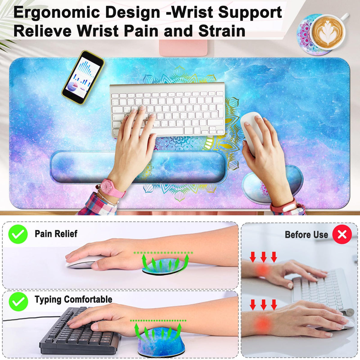 4 in 1 Mouse Pad and Keyboard Wrist Rest (K2-star Mandala)