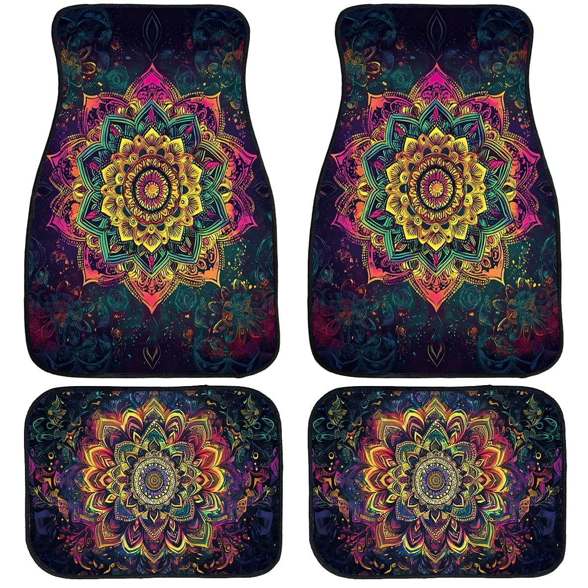 Mandala Car Floor Mats Set of 4 Vintage Vibrant Color Psychedelic Art Carpet Front Rear Carpets Mat Non (26.8"L x 17.3"W x 0.4"Th / Mandala)
