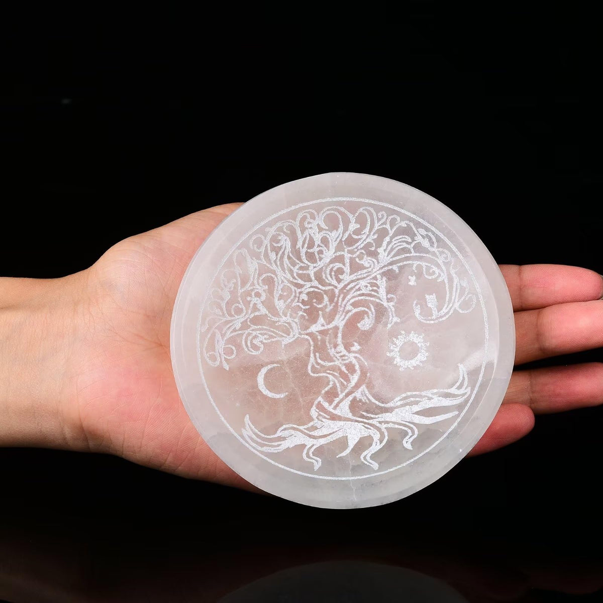 Natural Selenite Charging Bowl with Tree of Life Engraving 3.5 (Round Tree of Life 3.5-4 inches)