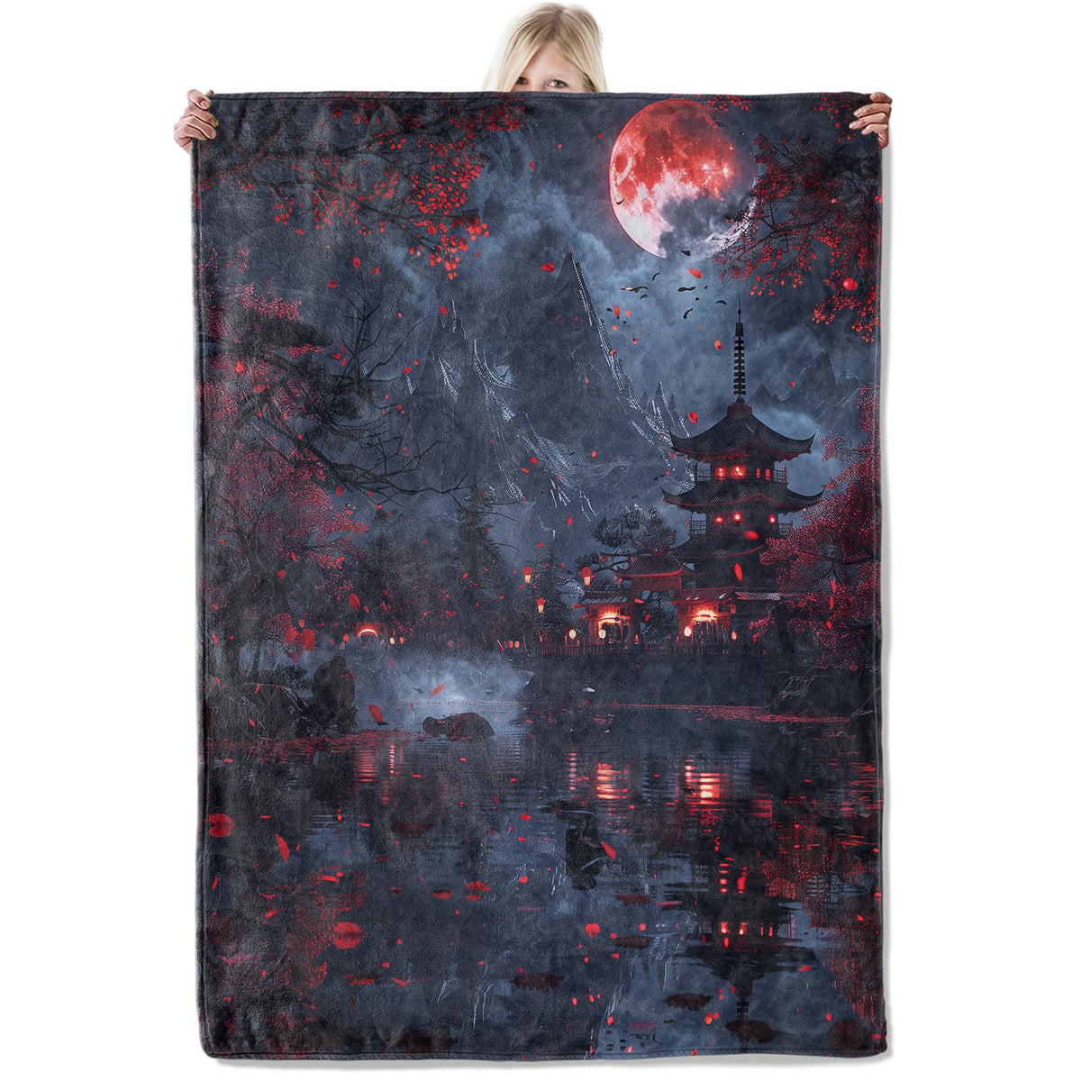 Red Moon Temple Flannel Blanket 40x50in (40x50 Inch / Japanese Pagoda)