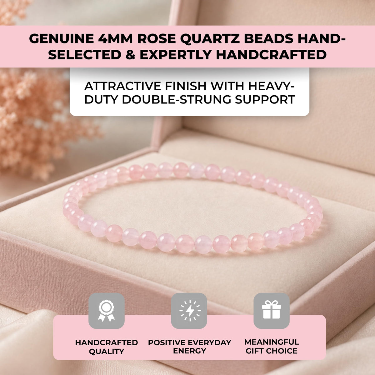 Rose Quartz Bracelet 4mm Beaded Bracelet (Rose Quartz / Medium)