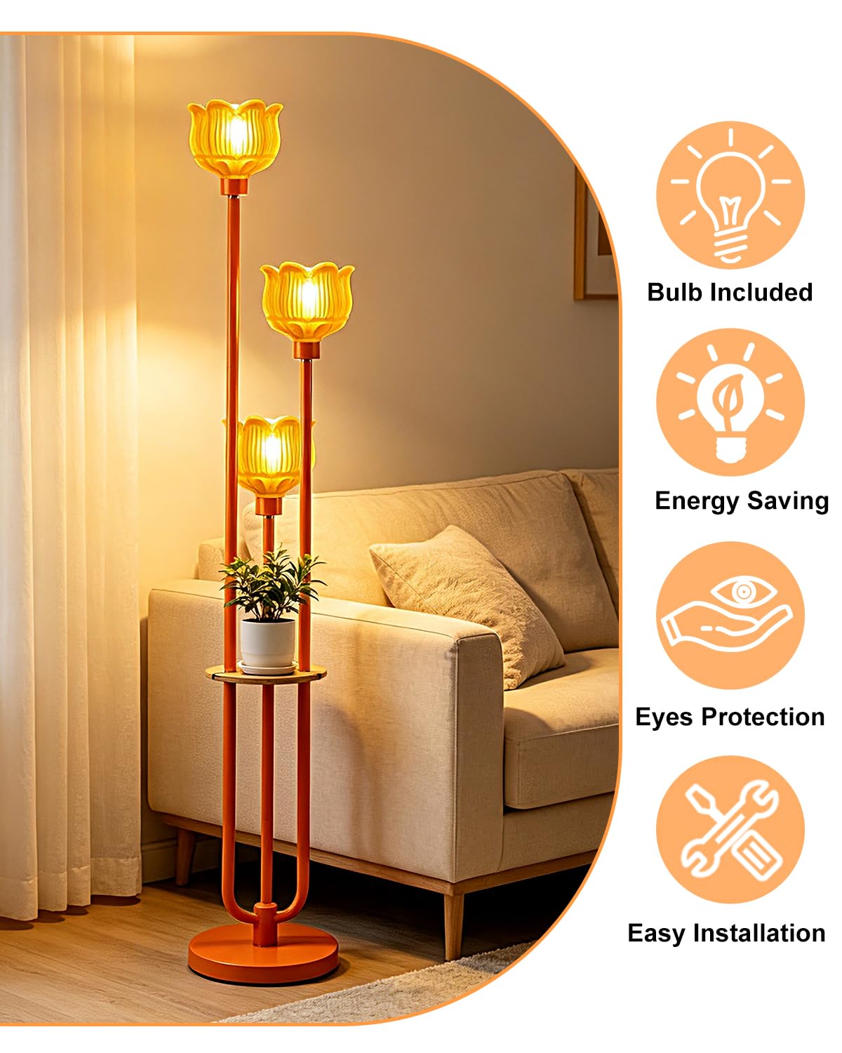 Orange Floor Lamp with Yellow Glass Shade (Orange-3UB1)