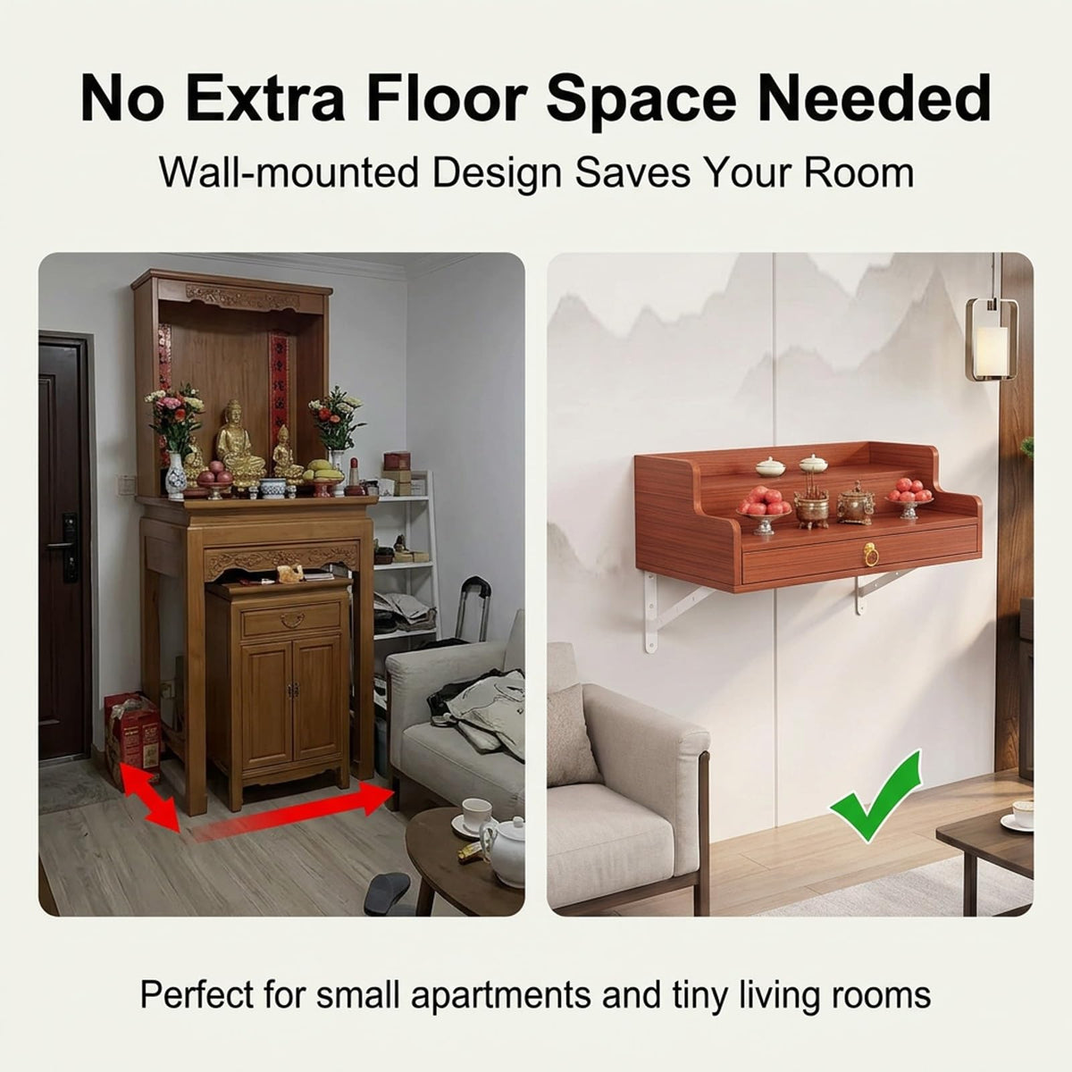 2 Tier Wall Mounted Buddha Altar Shelf with Drawer (Wood / 60CM/23.6IN)