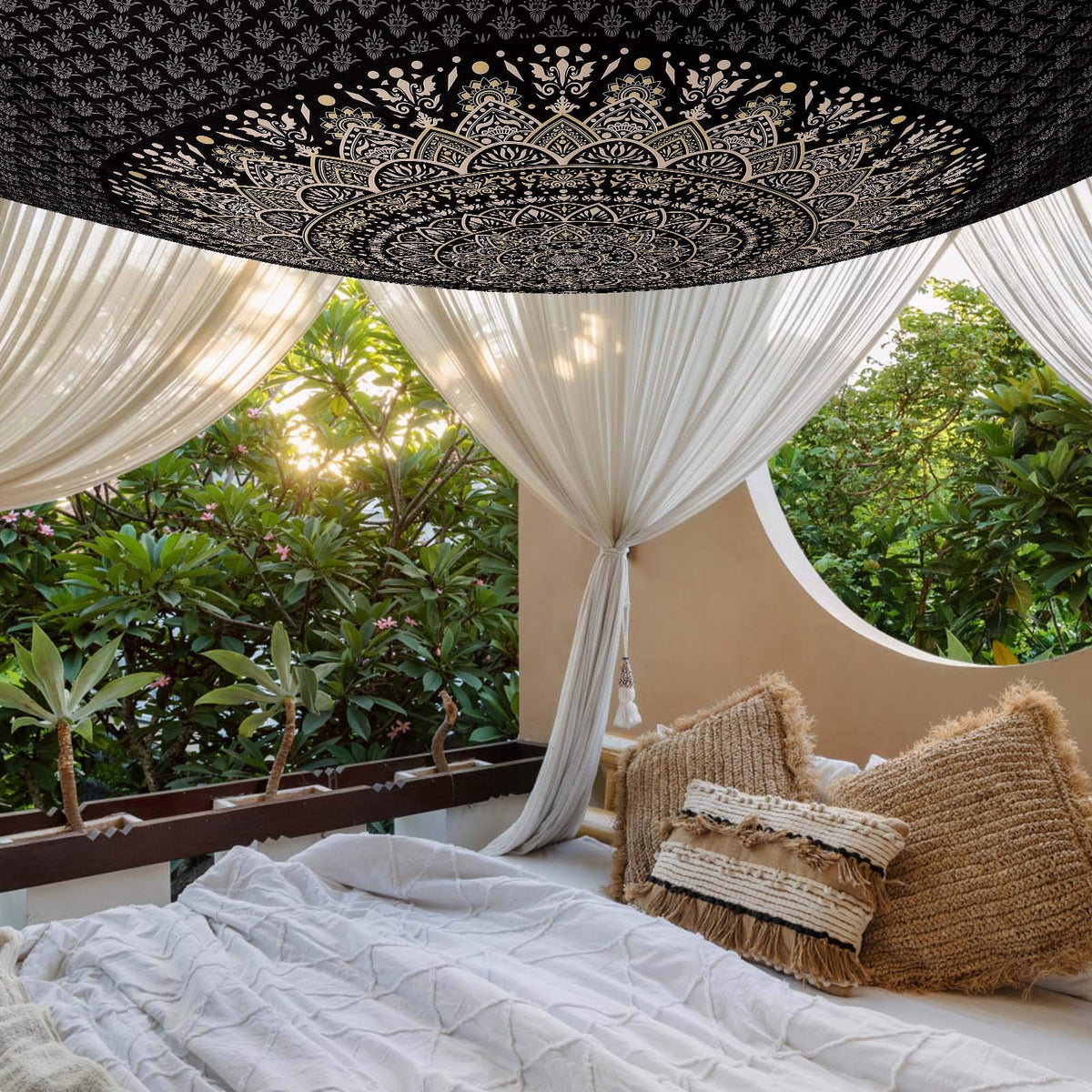 Black Mandala Tapestry Wall Hanging Psychedelic Medallion Wall Tapestry Aesthetic Indian Hippie Decor Bohemian Art Boho Home Decoration Blanket for Bedroom (91"L x 71"W / Mandala Tapestry-2)