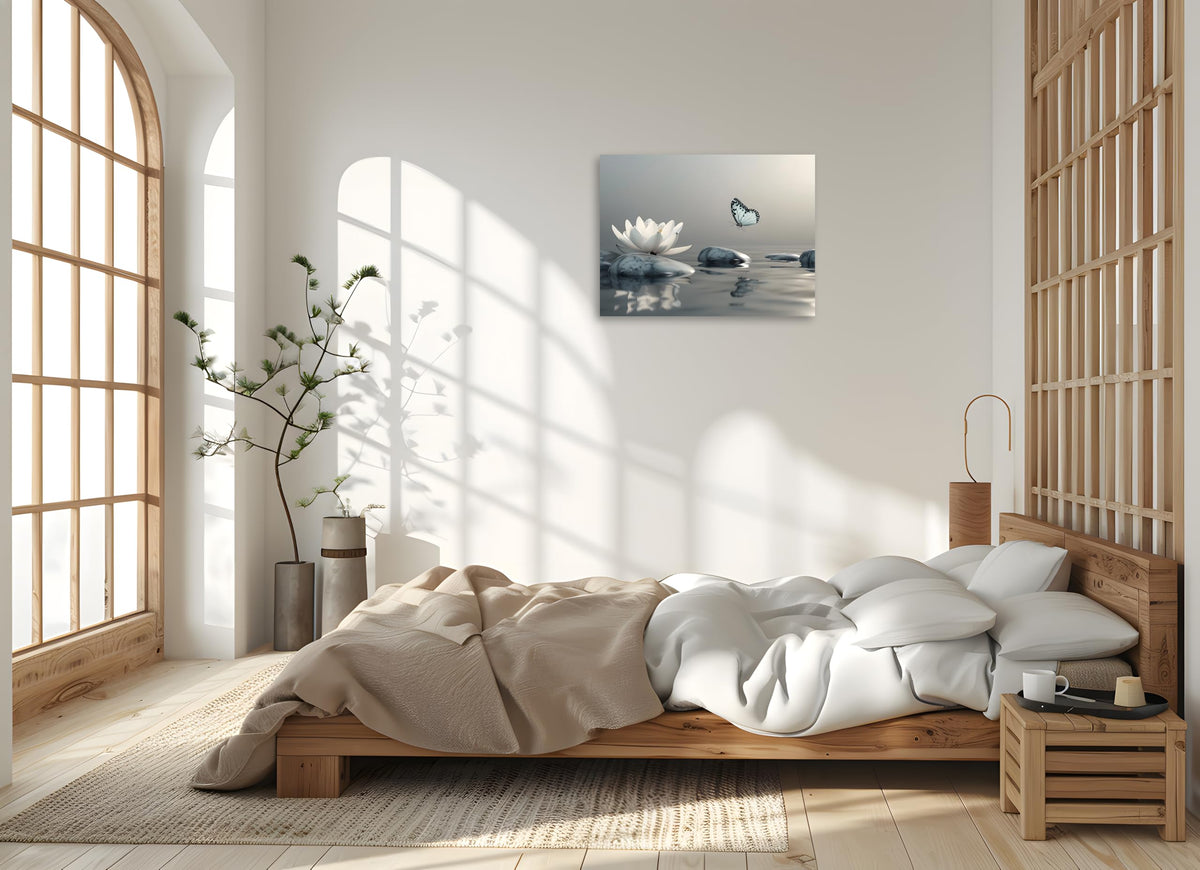 Zen Canvas Wall Art Zen Prints Lotus and Butterfly on Lake Pictures Zen Painting Zen Lotus Poster for Yoga Spa Meditation Spirit Room Wall Decor Framed 16X20 inch (20"L x 16"W / Zen Lotus Flower)