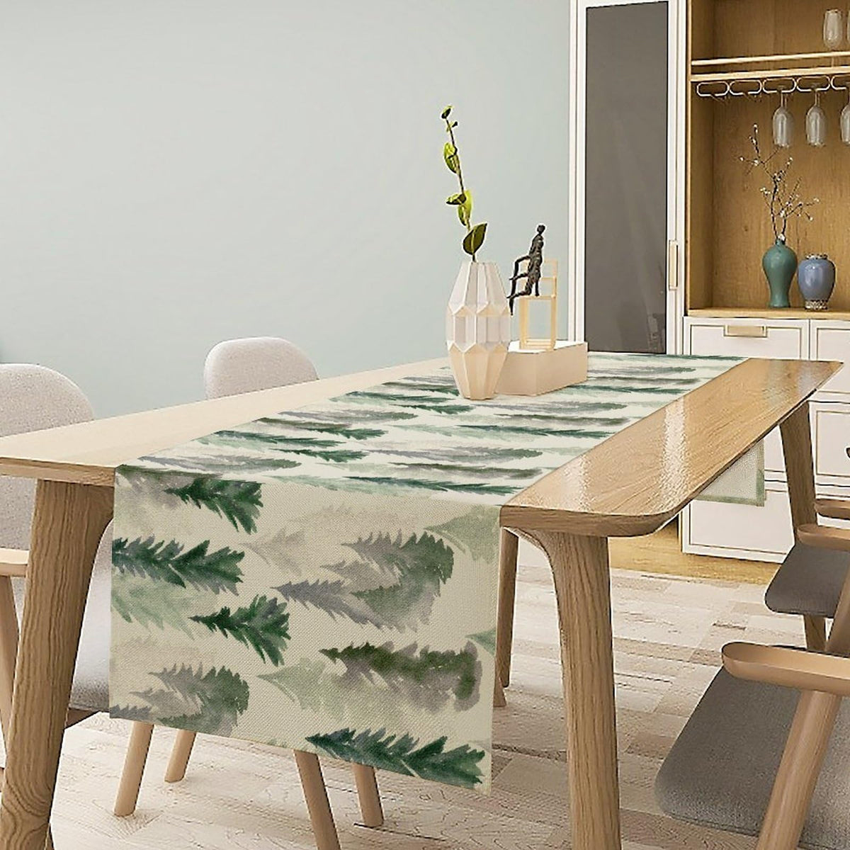 Green Forest Tree Table Runner Watercolor Fantasy Magical Woodland Landscape Nature Botancial for Tabletop Party Holiday 13x108 inch (13x108inch / Forest-2)