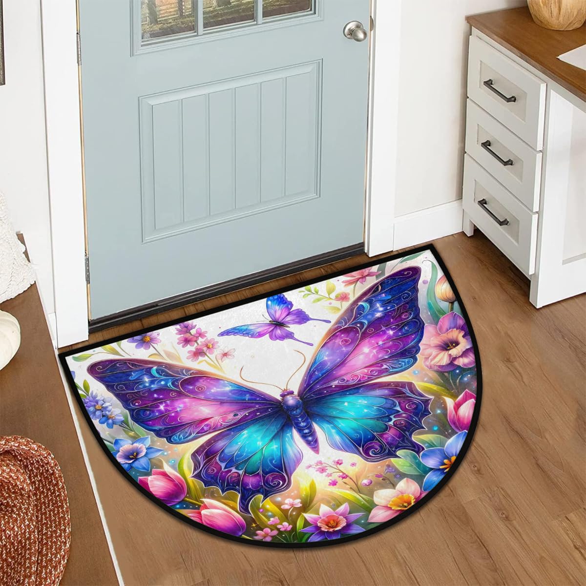 Half Round Doormat Butterfly Flower Spring Semi Circle Rug Non Slip Indoor Outdoor Entrance Half Moon Rug Washable Front Floor Mat for Kitchen Bathroom Patio Fireplace Holiday Decor (Z:butterfly 04)