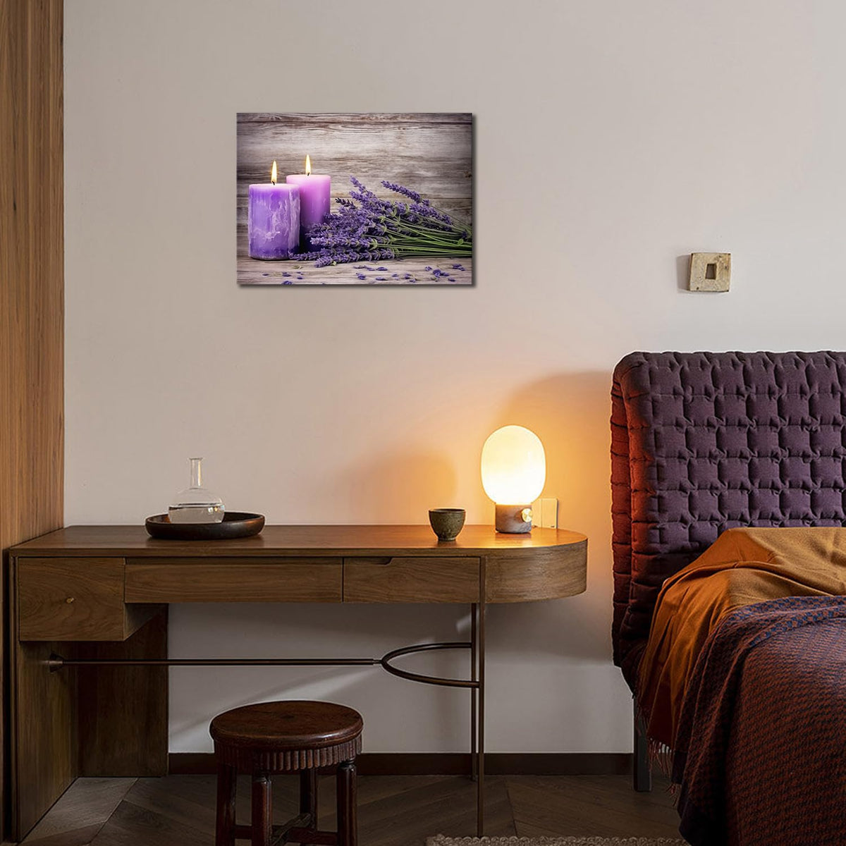 Bathroom Canvas Wall Art Purple Lavender and Candles Picture Print Painting Rustic Vintage Framed Still Life Artwork for Office Kitchen Living Room Spa Room Decor (Artwork 02 / 18"L x 12"W)