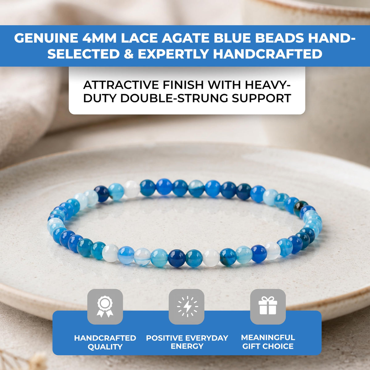 Lace Agate Blue Bracelet 4mm Beaded Bracelet (Lace Agate Blue / Small)