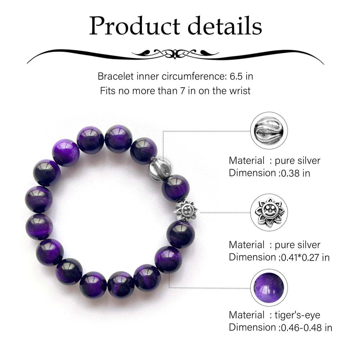 Natural obsidian bracelet (Purple Tiger Eye + 925 Silver(12mm)-1 Pcs)