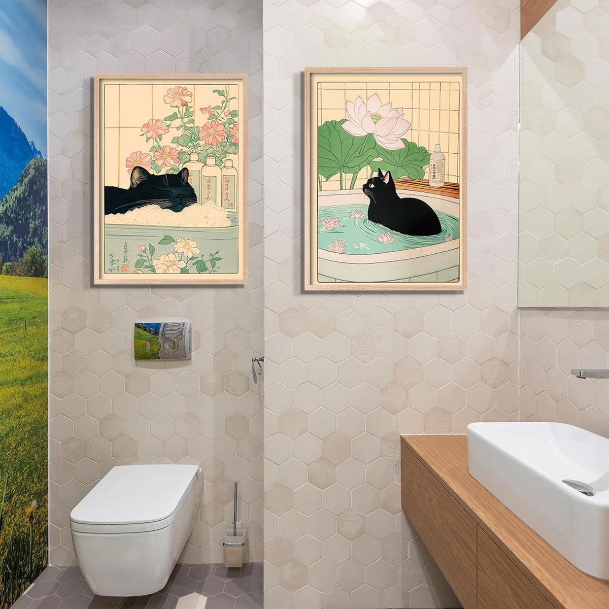 2Pcs Framed Japanese Style Black Cat Wall Art Bathroom Decor Painting Vintage Style Artwork HD Canvas Prints Living Room Wall Decor Modern Zen Poster Home Gallery Picture 12X16 Inch (Black Cat Bathroom / 12"L x 16"W)