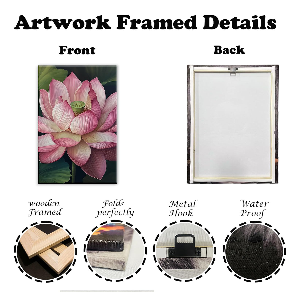 Zen Canvas Wall Art Pink Lotus Picture Print Water Lily Bloom Art Painting Poster Meditation Spiritual Room Decor Artwork Frame (Artwork-1 / 30"L x 20"W)