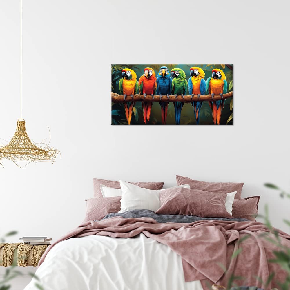 Vibrant Multicolor Parrots Wall Art for Living Room Office Realistic Tropical Jungle Wildlife Nature Painting Prints Contemporary Canvas Artwork Dining Bedroom Decor (Contemporary / Vibrant Multicolor Parrots Wall Art / 40"L x 20"W)