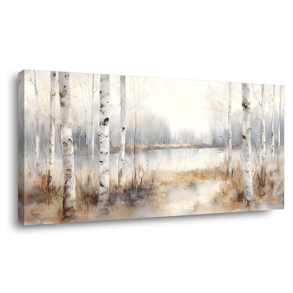 Misty Birch Tree Forest Canvas Wall Art Watercolor Lake Landscape Painting Flat Print Gallery Wrapped Nature Artwork for Living Room Bedroom Bathroom Decor (Mysterious / White Birch Forest 20 / 46"L x 23"W)