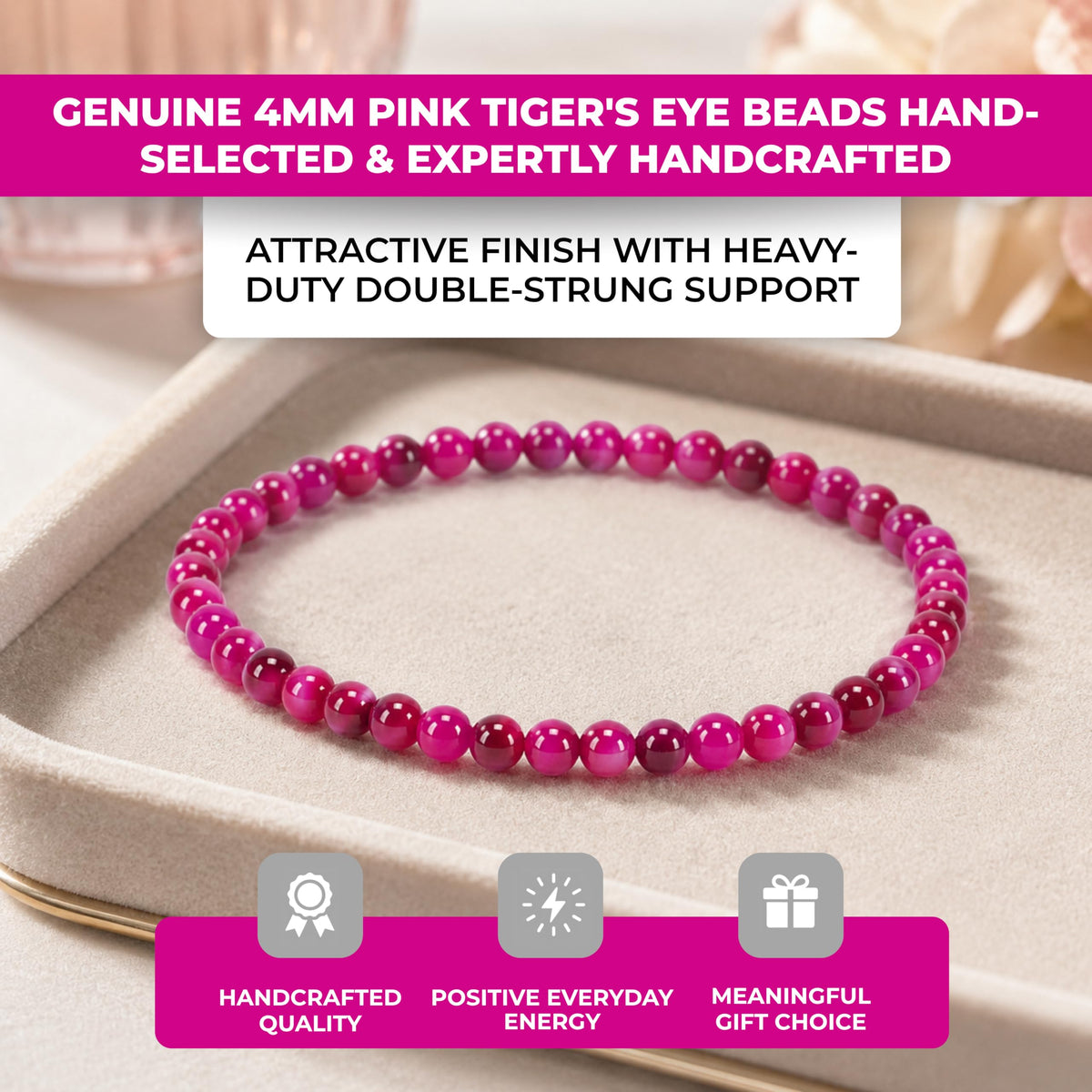 Pink Tiger's Eye Bracelet 4mm Beaded Bracelet (Pink Tiger's Eye / Small)