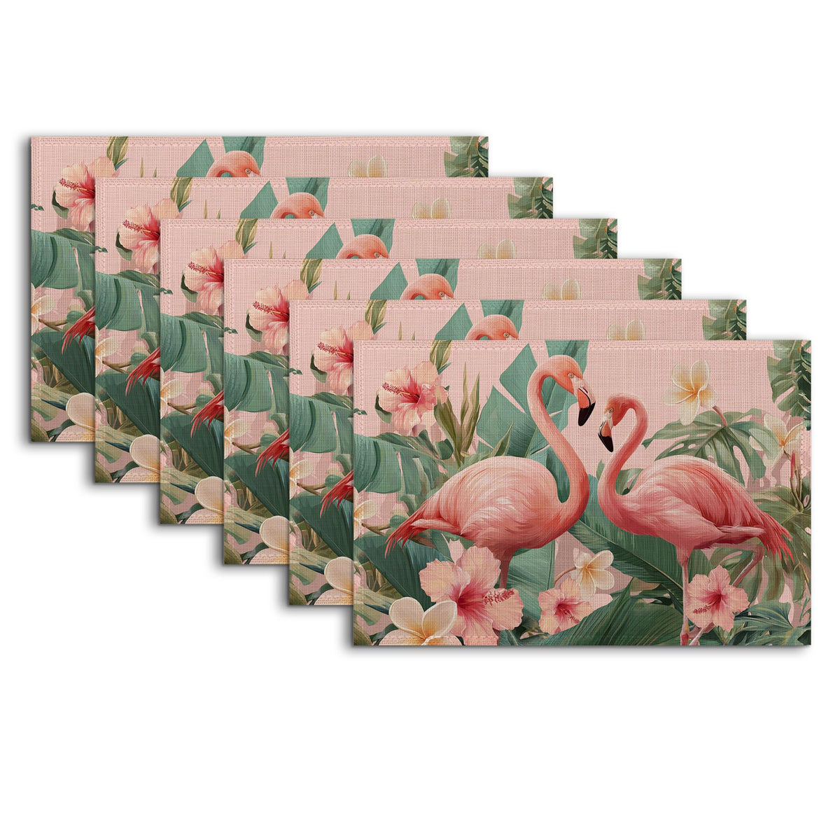 Flamingo Placemats Set of 6 (Flamingo Hibiscus Palm Leaf)
