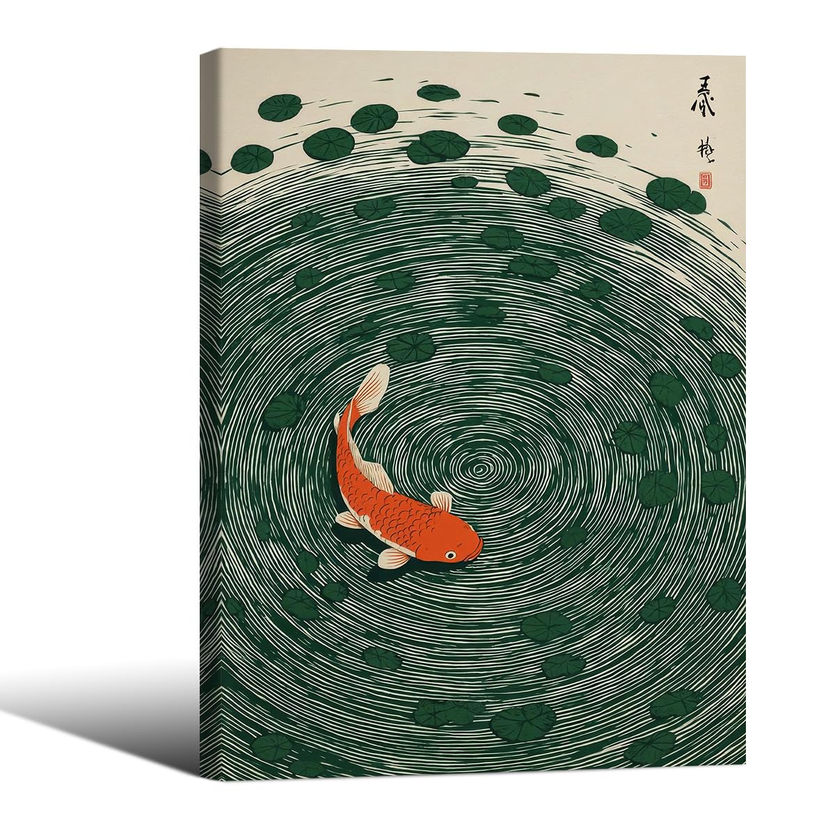 Japanese Koi Fish Framed Poster Oriental Asian Lucky Carp Canvas Wall Art 8x10 inch Retro Japan Room Aesthetic Print Minimal Green Painting for Zen Water Living Room Office Decor Ready to hang (Wrapped Canvas / Japanese Koi Fish / 10"L x 8"W)