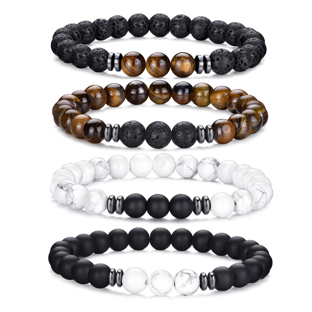 Mens Bracelets 8MM Natural Stone Beads Bracelet Set Stretch Adjustable Beaded Bracelets for Men (4,black,white,brown)