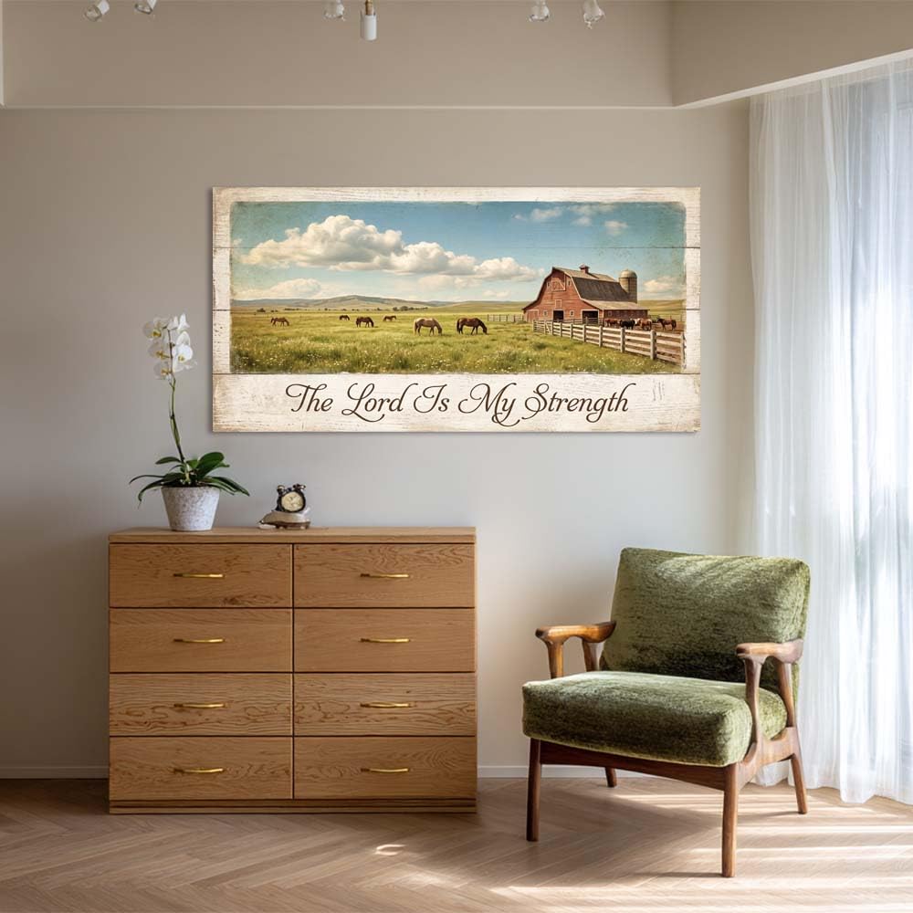 Rustic Countryside Horse Pasture Canvas Wall Art Red Barn Landscape Painting The Lord Is My Strength Christian Print Gallery Wrapped Farmhouse Nature Artwork for Living Room Bedroom Bathroom Decor (Abstract / White Barn Pasture 21 / 58"L x 28"W)