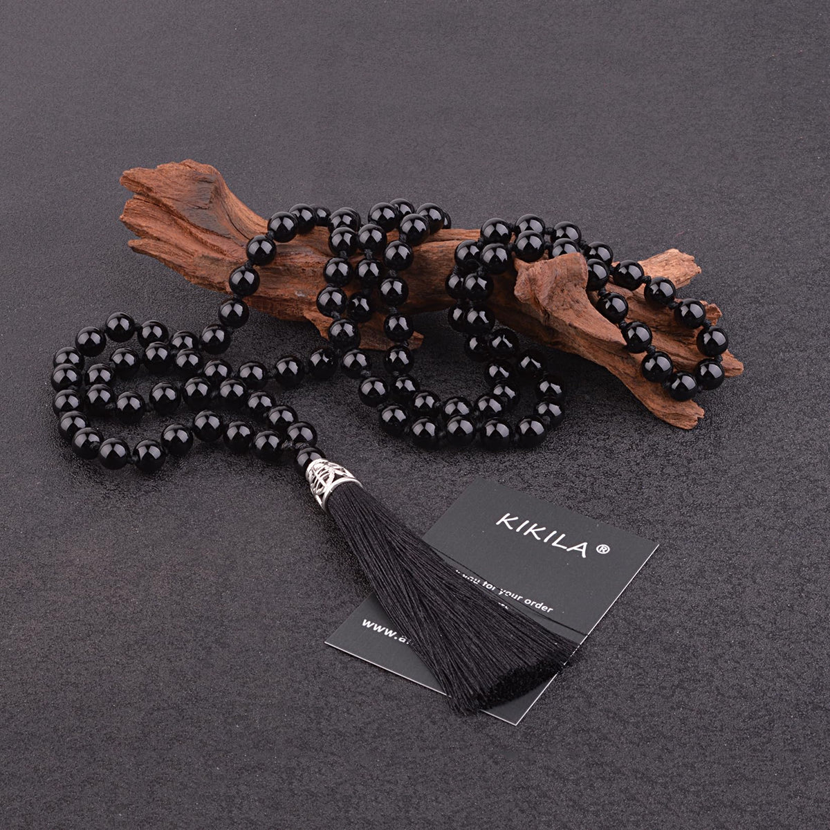 Mala Beads 108 Natural Stone GemStones Japamala Yoga Meditation Hand Knotted Beaded Tassel Necklace for Women Men (Black Agate)