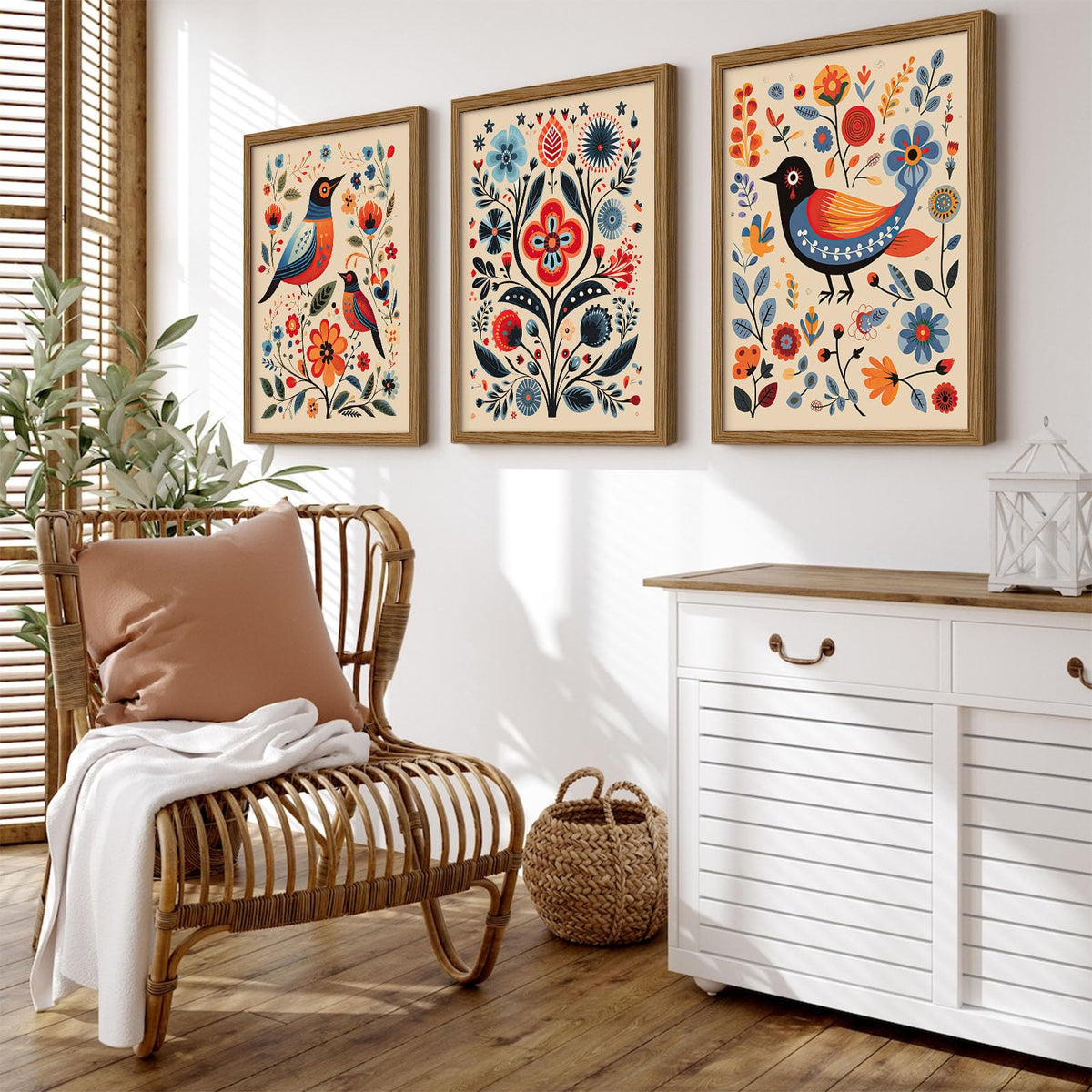 Scandinavian Folk Wall Art Nodic Flower Canvas Wall Decor Norwegian Wall Art Poster Swedish Antique Wall Decor Pictures Floral Bird Prints Vintage Poster for Home Kitchen 12x16x3 Inch Framed (Framed / Colorful Flower Prints Art / 16"L x 12"W)