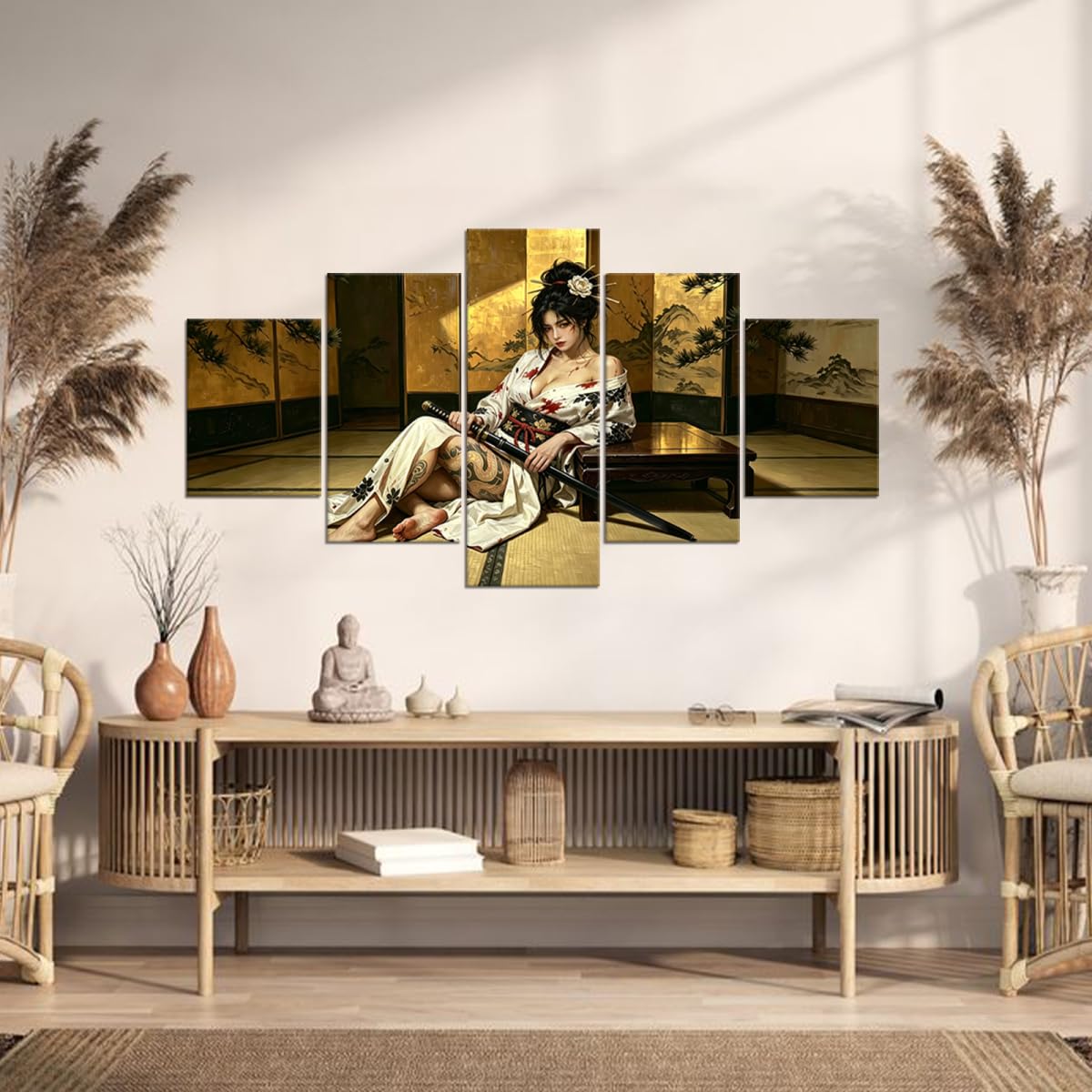 Japan Geisha Poster Samurai Wall Art for Office Wall Decor Prints Framed (50"Wx24"H / Samurai 5P-35)