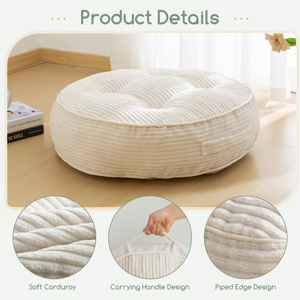 6" Extra Thick Floor Pillow Cushion for Adults (Round Beige / 6" Thick(Pack of 2))