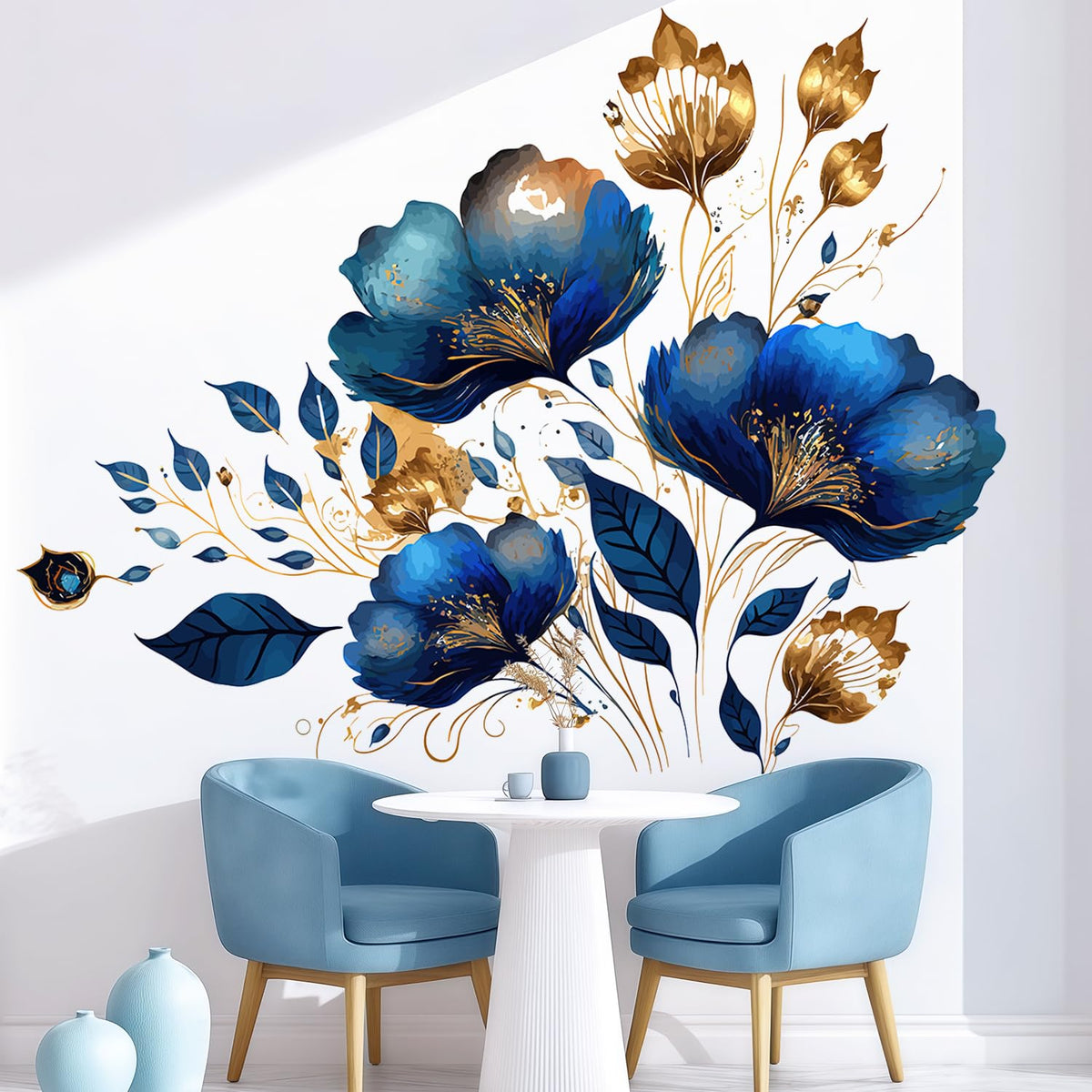 Blue Gold Floral Wall Decals (Modern, Contemporary, Glam, Bohemian, Floral)