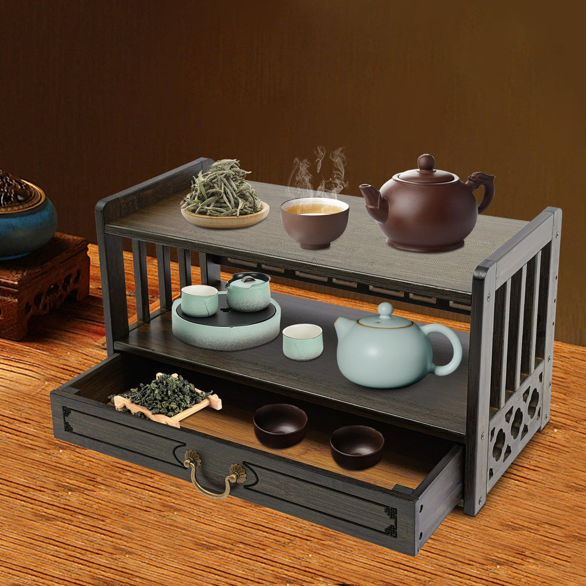 Altar Table Meditation Table with 1 Drawer Coffee Table for Sitting Multi (Walnut Color / 52*25*28cm/20.4*9.8*11in)