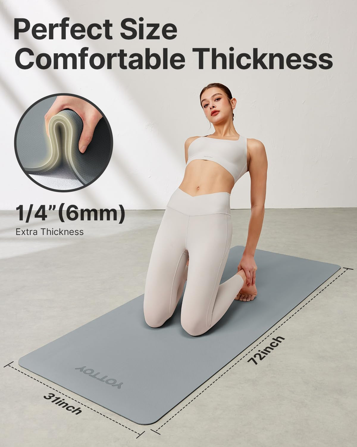 Yoga Mat,Non-Slip TPE Exercise Mat(1/4 Inch) for Pilates, Fitness & Barefoot Workouts, Home Gym Studio with Strap & Bag (Grey, 31 * 0.24 Inches) (Grey / 31 x 0.24 Inches)
