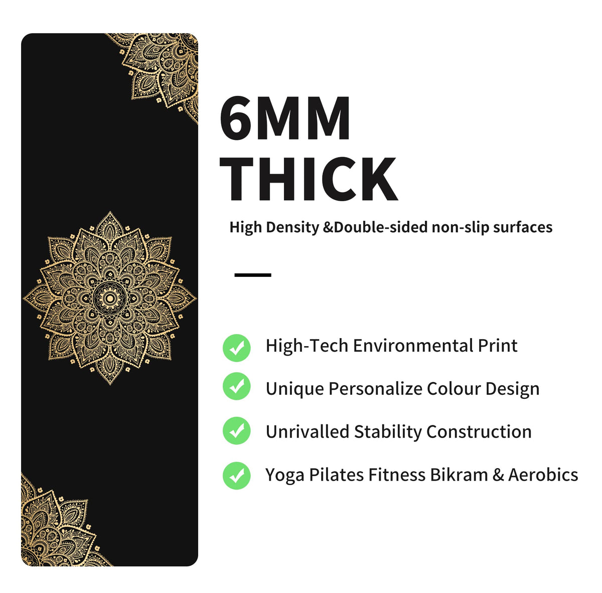 Yoga Mat Print Extra Thick TPE Non Slip Fitness Exercise Mat with Carrying Bag (Flower-B)