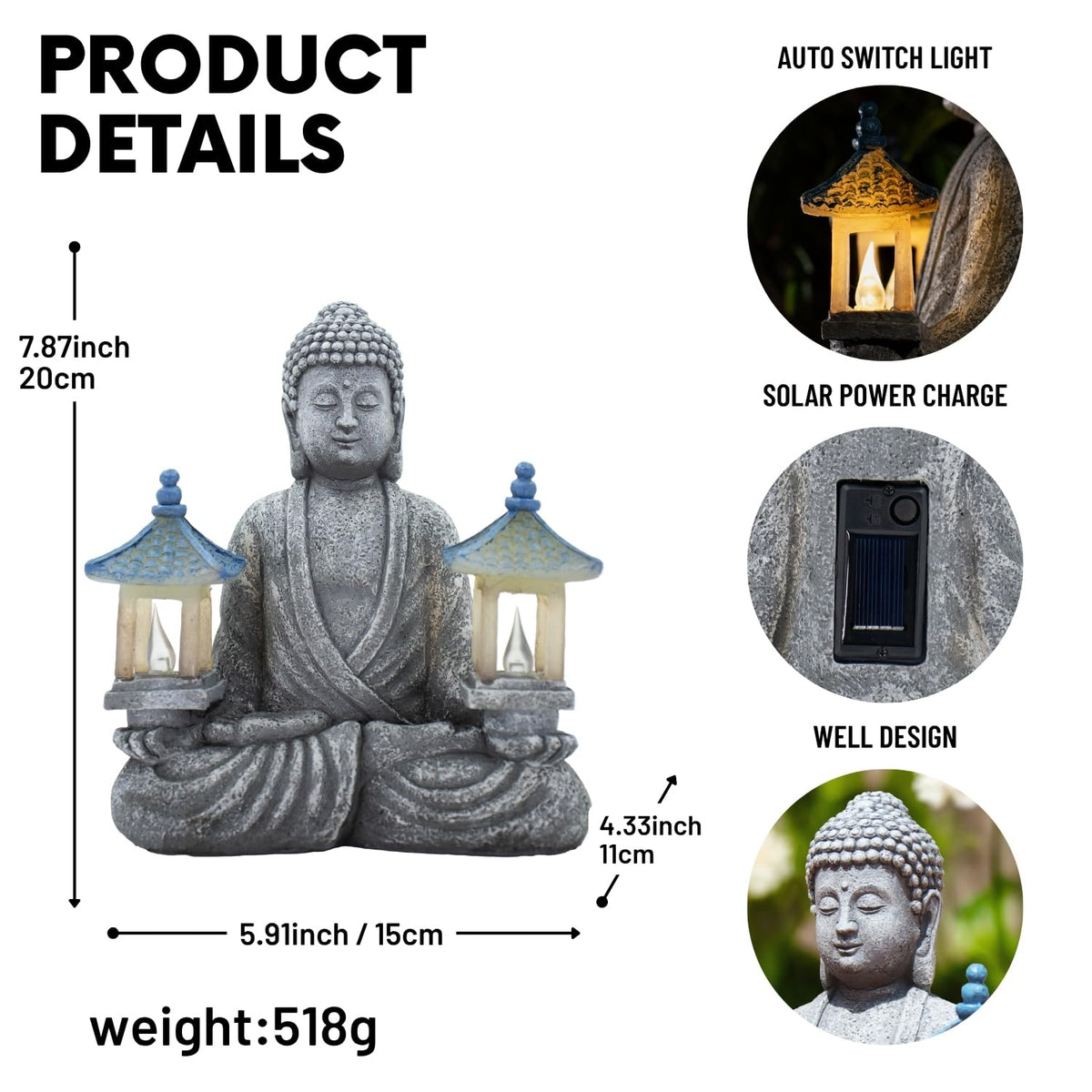 Meditating Buddha Statue with Solar Lights (Two Pavilions)