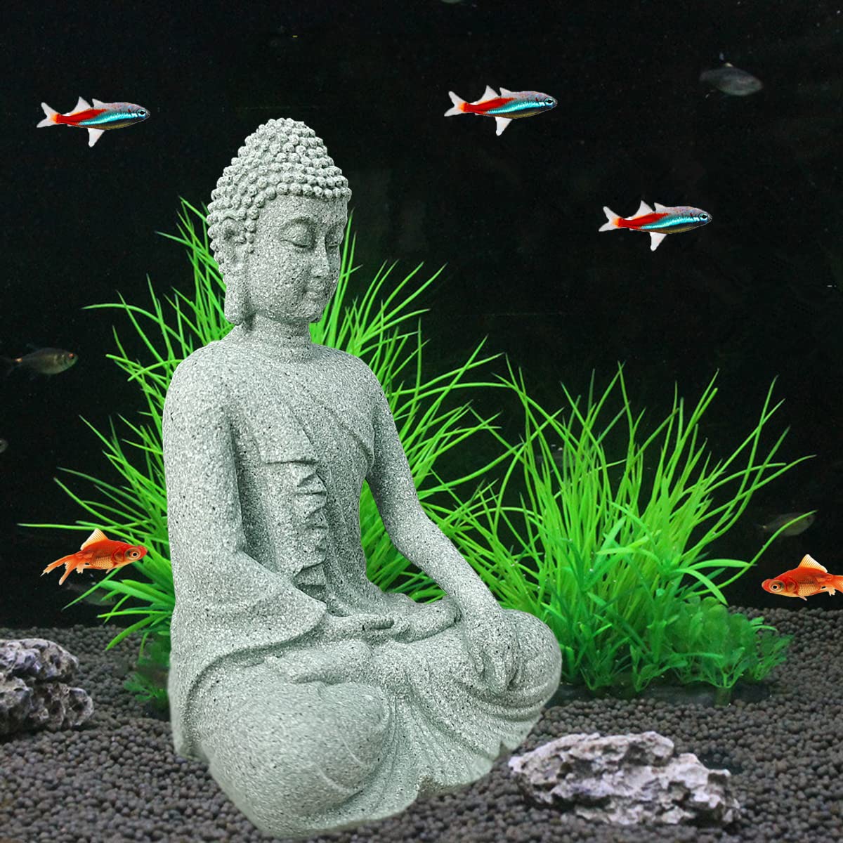 Aquarium Buddha Statue Asian Japanese Fish Tank Decoration Zen Buda Figurines Stone Buddha Sculpture Ornaments for Fish Tank (B)