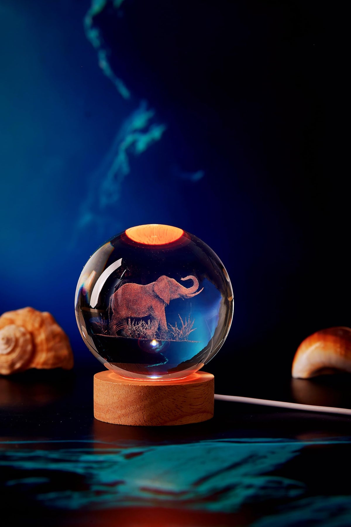 Large Elephant Crystal Ball Night Light with Woodern Base (elephant2)