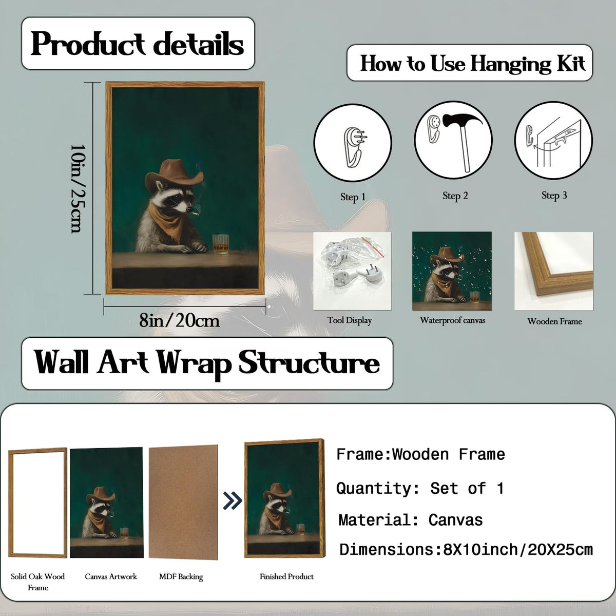 Framed Funny Raccoon Wall Art (Moody Raccoon / 10"L x 8"W)
