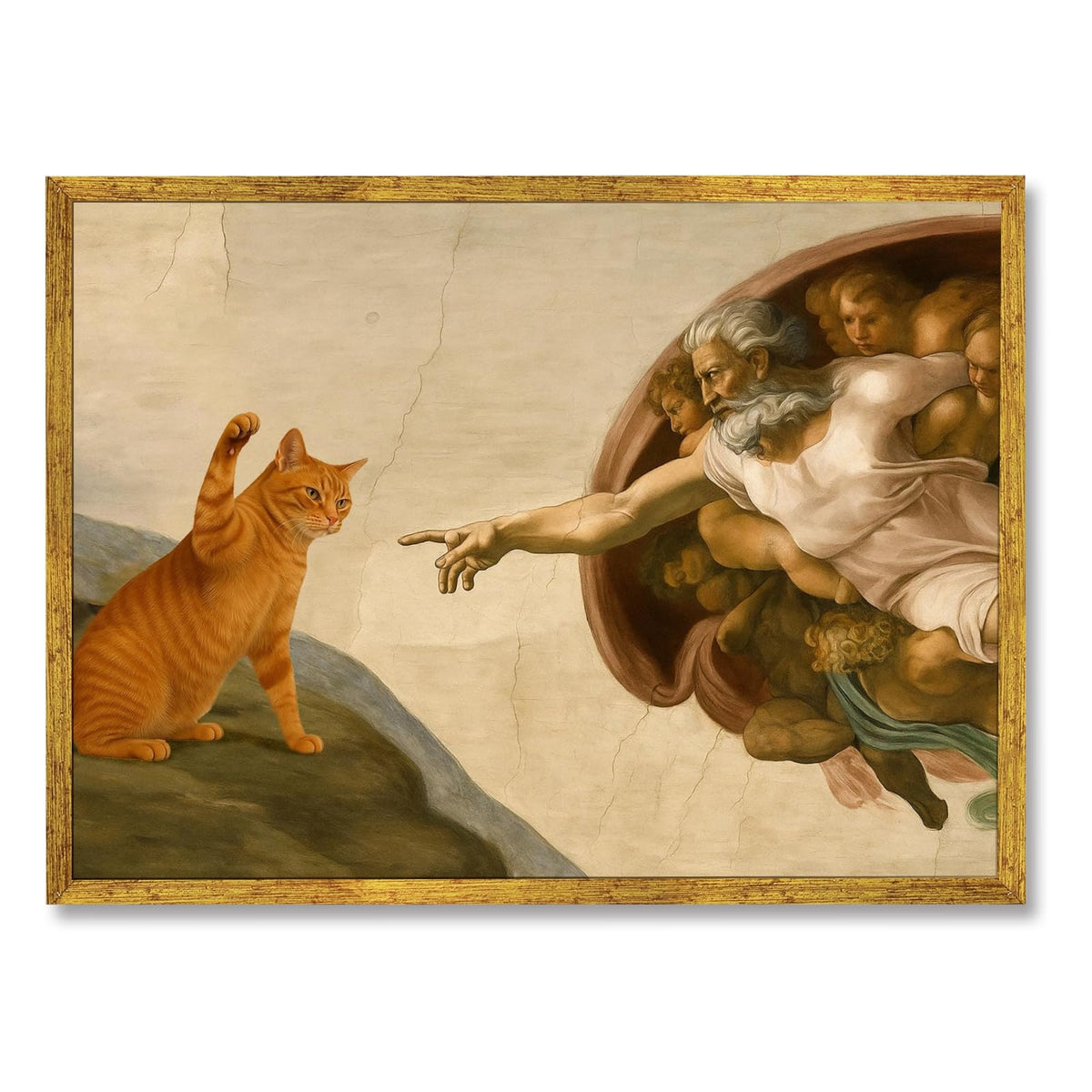 Gold Framed Funny Cat Creation of Adam Canvas Wall Art Classic Renaissance Parody Poster Painting Prints Humorous God and Animal Paw Picture Artwork for Home Bedroom Decor Pet Lover 8x12inch (8"L x 12"W / Cat - Gold Frame)