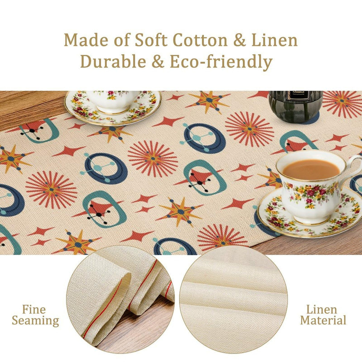 Mid Century Modern Table Runner Abstract Style Colorful Geometric Atomic Star for Kitchen Dining Room Holiday Washable Quick Dry 13x90 Inch (13x90inch / Atomic-1)