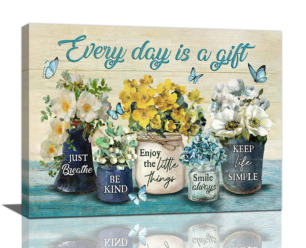Farmhouse Bathroom Flower Decor Wall Art Every Day Is A Gift Butterfly Floral Inspirational Quotes Pictures Wall Decor Canvas Painting Prints Artwork Home Decorations Framed for Bedroom 24"x16" (Yellow Flower / 24"L x 16"W)